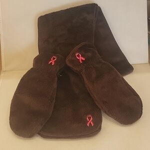 NEW - BREAST AWARENESS BROWN FLEECE NECK‎ SCARF & MITTENS